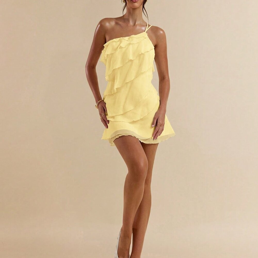 Yellow Party Women's Layered Lotus Leaf Mini Dress